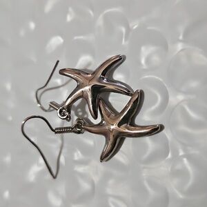 925 Sterling Silver Shiny Starfish Shaped‎ Ladies Dangle Drop Earrings